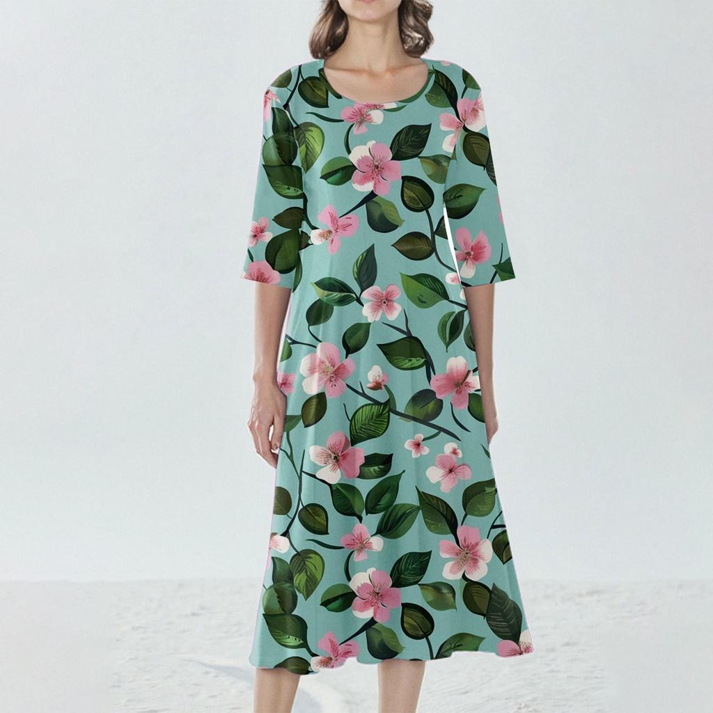 Women's Loose Casual And Fashionable Round Neck Seven Quarter Sleeved Printed Mid Length Dress