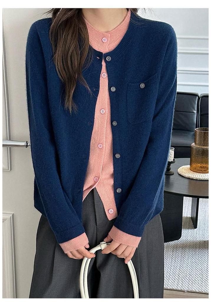 Women's College Style Wool Cardigan - Round Neck, Color Block, Fake Two-Piece Design for Autumn/Winter.