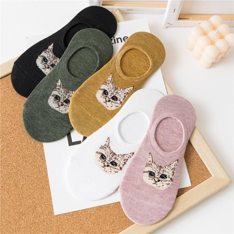 Female Spring and Summer Cotton Cute Cartoon Cat Head Anti Take Off Shallow Mouth Invisible Socks