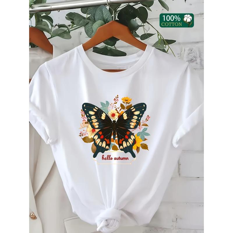 European Size Butterfly HELLO AUTUMN Home, Leisure, Fashion, Versatile, Commuting, S,  Versatile, Comfortable S Heavyweight Pure T-shirt