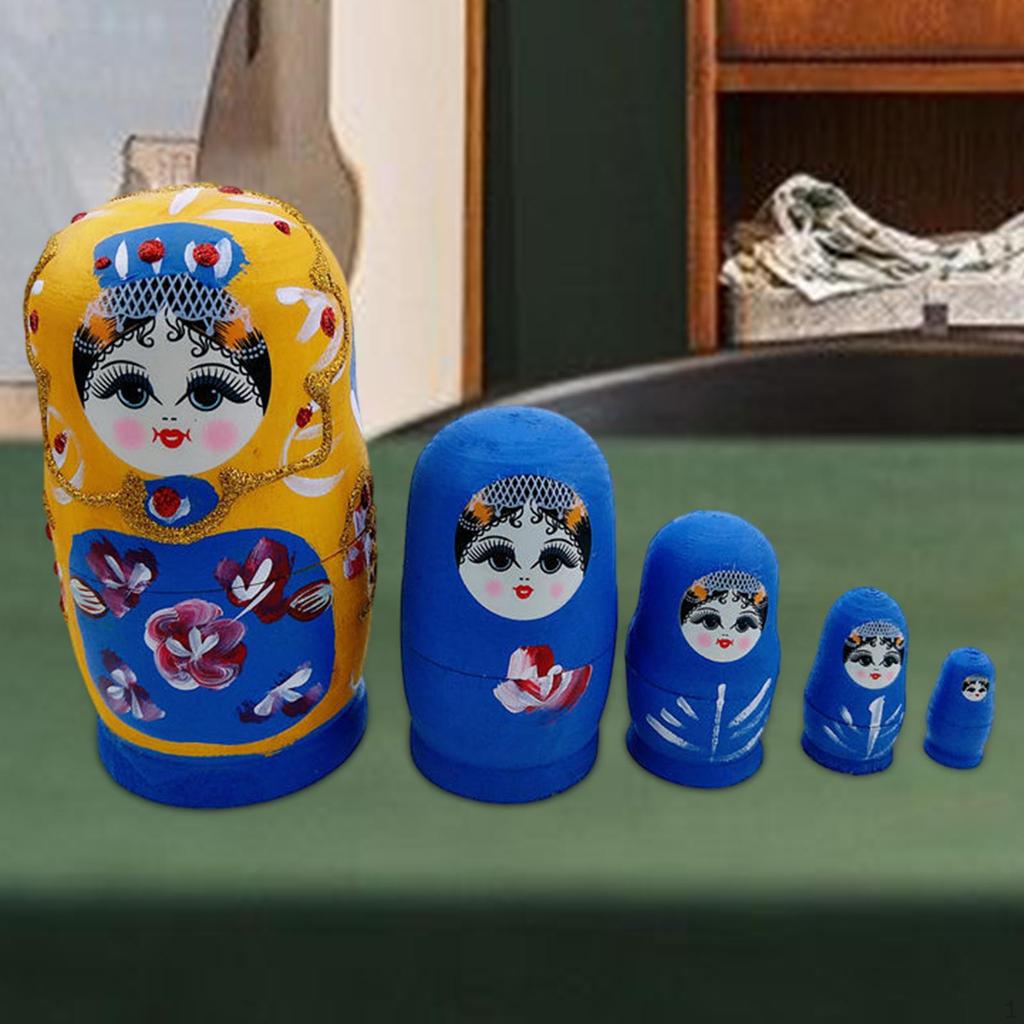 5 Pieces Matryoshka Doll Stacking Set Cartoon Figures Crafts Cute Traditional Wooden Russian