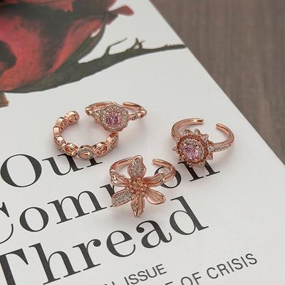Růžové zlato Lehký luxus Květina Otevřený prsten Růžový diamant Zirkon Dvojité G Temperament Vynikající Stohovatelný prsten Žena