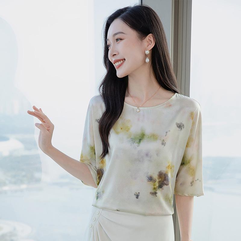 

2025 Spring Silk Tie-Dye Crew Neck Short Sleeve Top XXXXL жёлтый