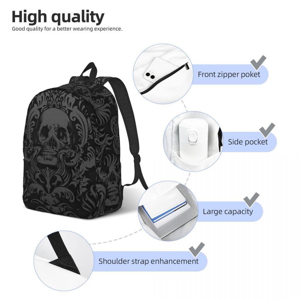 Vintage Schwarzer Gotischer Totenkopf Damast Rucksack Heißer Verkauf Tagesrucksack Große Kapazität Bücherrucksack Schultasche Umhängetaschen für Männer Frauen