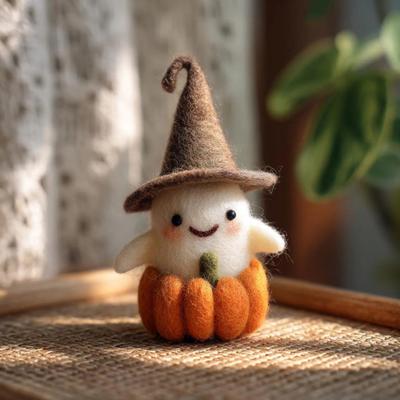 Handmade Felt Halloween Ghost Pumpkin with Wizard Hat Wool Felted Ghost Ornament for Halloween Home Shelf Desk Decor
