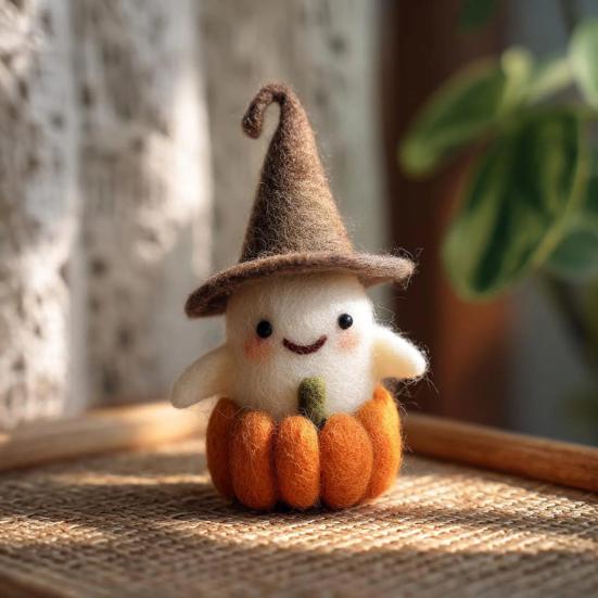 Handmade Felt Halloween Ghost Pumpkin with Wizard Hat Wool Felted Ghost Ornament for Halloween Home Shelf Desk Decor