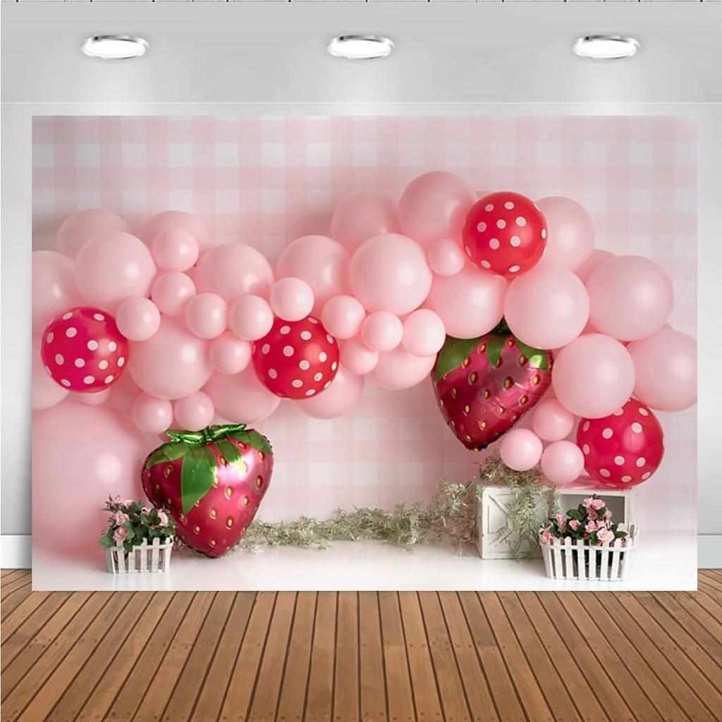 Pink Balloons Strawberry Photography Background Girls Birthday Party Decoration Sweet First Birthday Party Supplies Baby Shower Party Cake Smash