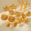 Ocean Elements Scallop Titanium Steel Earrings, 18K Gold Stainless Steel Ear Rings, Conch Starfish Studs