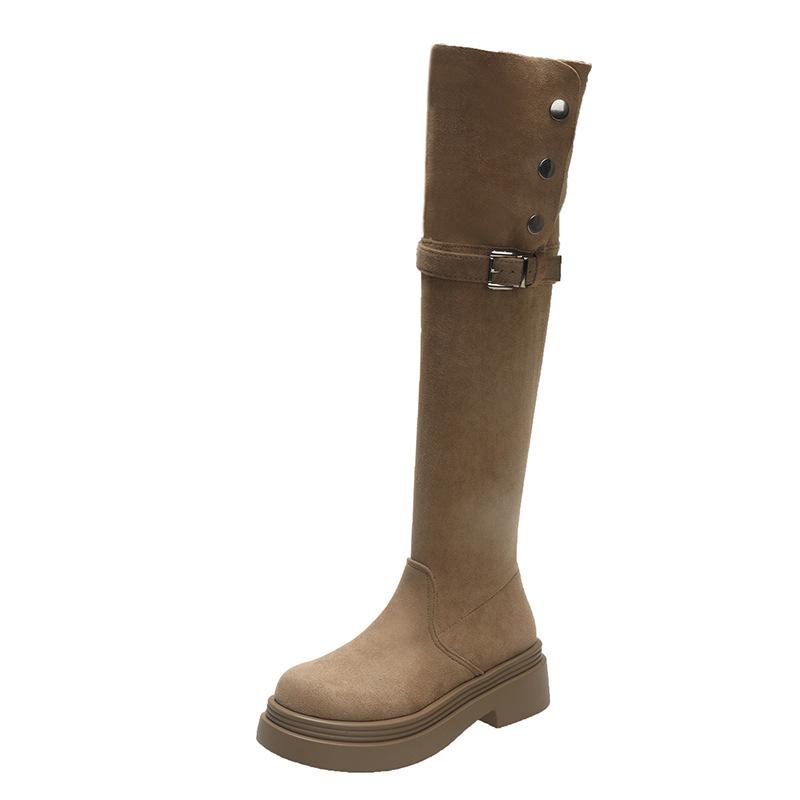 Over-the-knee Long Boots, Long Boots Plus Large Tube Circumference Retro Western Boots, Women's Autumn and Winter Velvet High Boots, Snow Boots, Knig