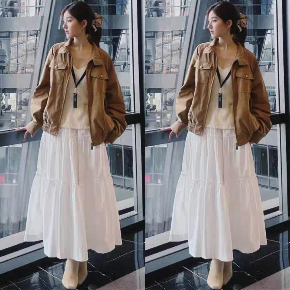 Zhao Lusi-Inspired 2025 Autumn Casual Jacket & Knitted Skirt Set