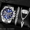 Men's Minimalist Black Quartz Watch Set  4-Piece Fashion Gift Set with Calendar Function, Bracelet, Necklace & Ring,