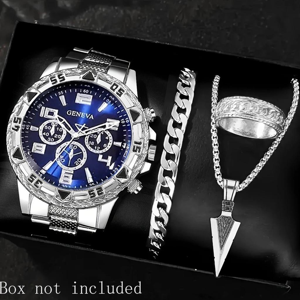 Men's Minimalist Black Quartz Watch Set 4-Piece Fashion Gift Set with Calendar Function, Bracelet, Necklace & Ring,