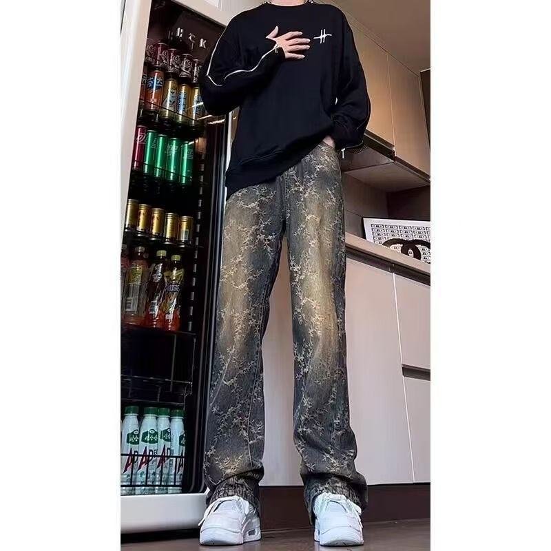Fashion Men's Statement Streetwear Jeans, Vintage Wash Wide-leg Pants with Half-elastic Waist, Versatile Pants for Everyday & Laid-back Style