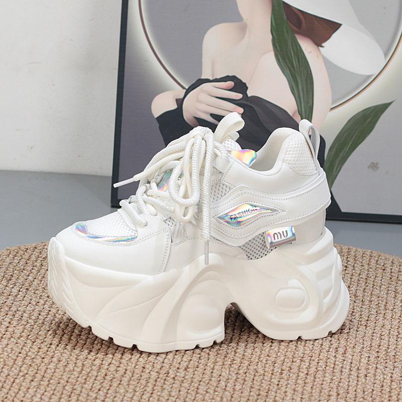 Fashion 10CM Air Mesh Microfiber Leather Chunky Sneaker Ankle Boots Shoes Women Flatform Wedge Bling High Brand Comfy Summer