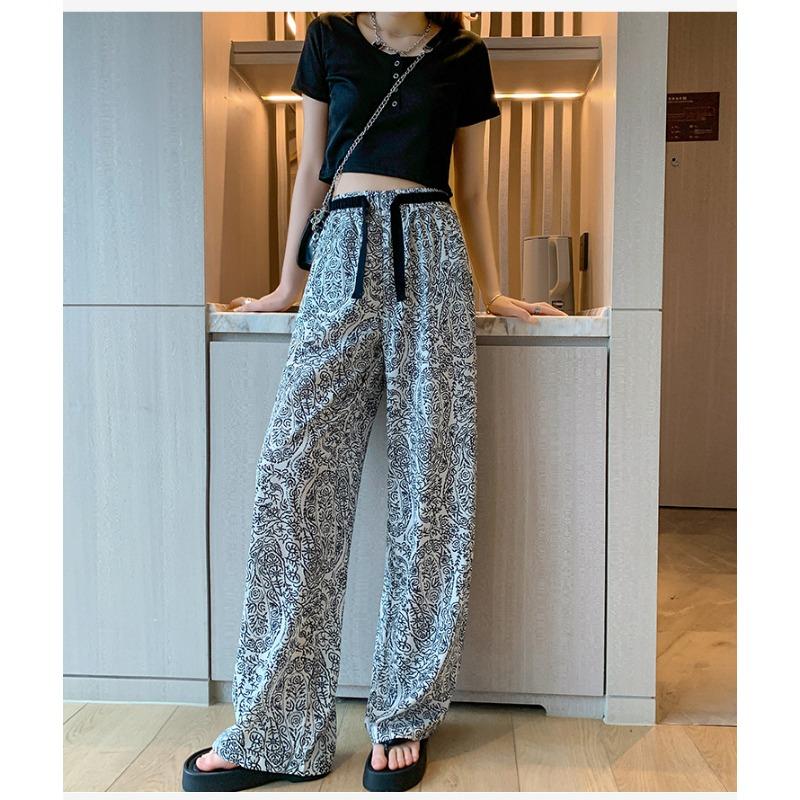 Women's Plus Size Straight Thin Section Pant Summer Ethnic Style Loose Draping Printed Wide-legged Trousers Tide