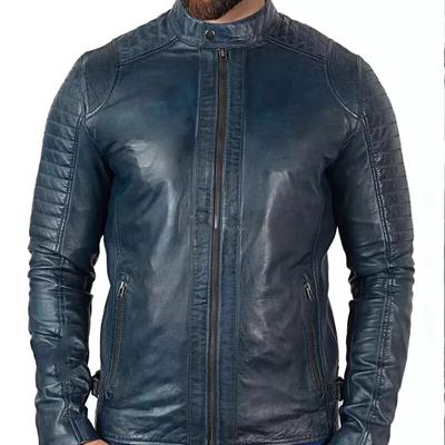 Jachetă albastră din piele naturală moale, elegantă, făcută manual pentru bărbați, din piele de miel