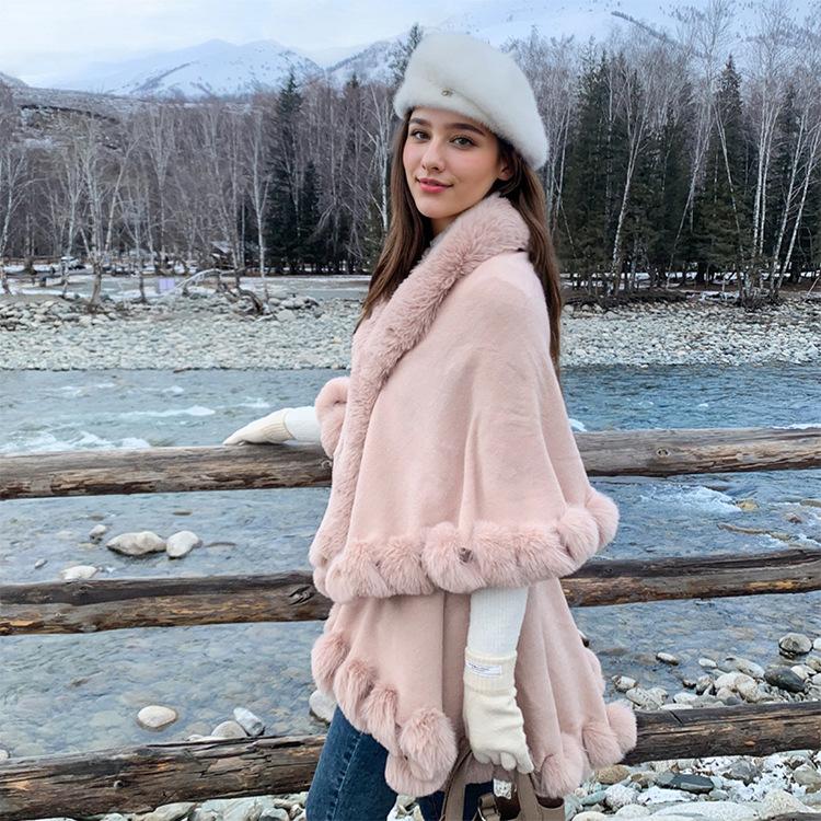 Women Double‑Layer Faux Fur Trim Poncho Shawl Winter Warm Open Front Cape Outerwear