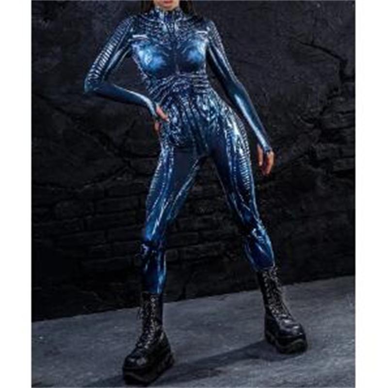 Halloween Robot Skeleton Digital Printing Women's Slim Long Sleeve Cosplay Costumes Tight Jumpsuit Zentai Bodysuit