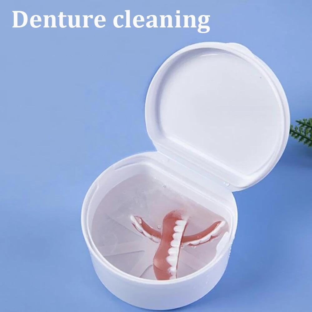 Dentist Denture Box Care Bath Box Cleaning False Teeth Storage Box Tooth Case Oral Retainer Case with Hanging Net Container