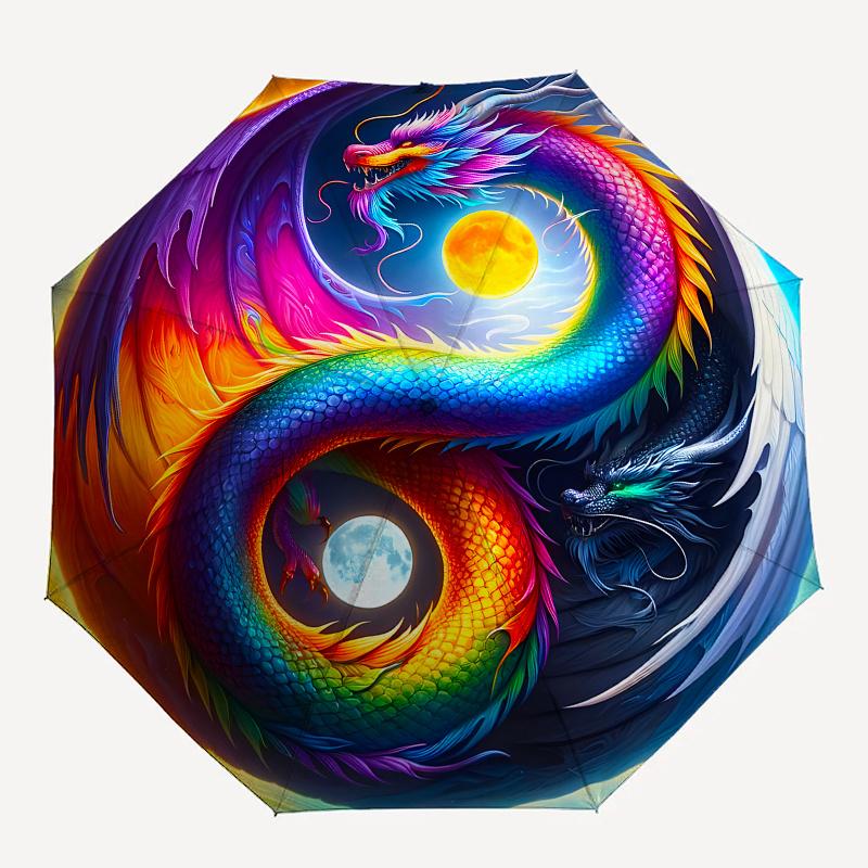 Colorful Dragon Yin Yang Symbol Circular ArtPrint PosterUmbrella, Portable 3-Fold Compact Umbrella for Men & Women Gift