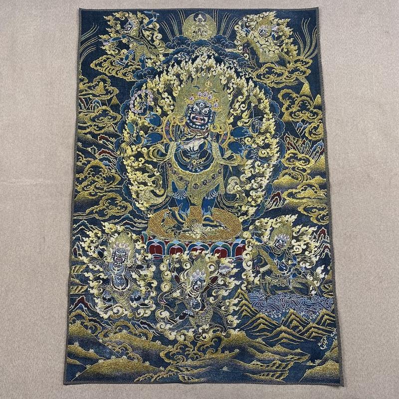 35"Thangka Embroidery Tibetan Buddhism silk Embroidery six arm Mahakala Vajra Buddha Thangka hanging screen Town house