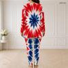 Women Plus Size Navy Blue Printed Half Zip Long Sleeve Longline Top Fitted Pants Two Piece Set