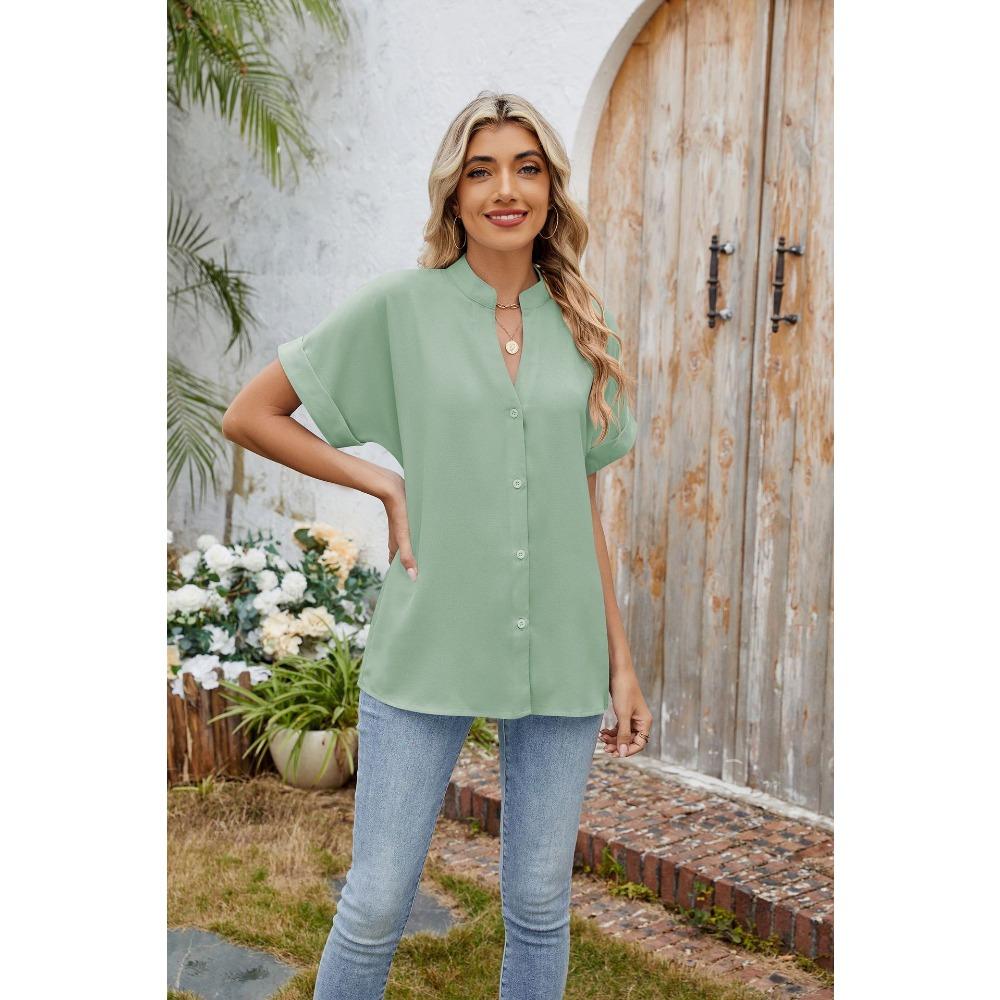 Sommer Neue Einfarbig V-ausschnitt Lose Kurzarm Button-Down Chiffon Hemd
