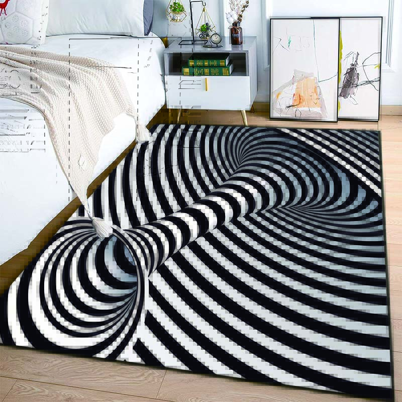 3D Vortex Illusion Black and White Rug for Bedroom Floor Mat Abstract Geometric Optical Vertigo Carpet Non-slip Livingroom Decor