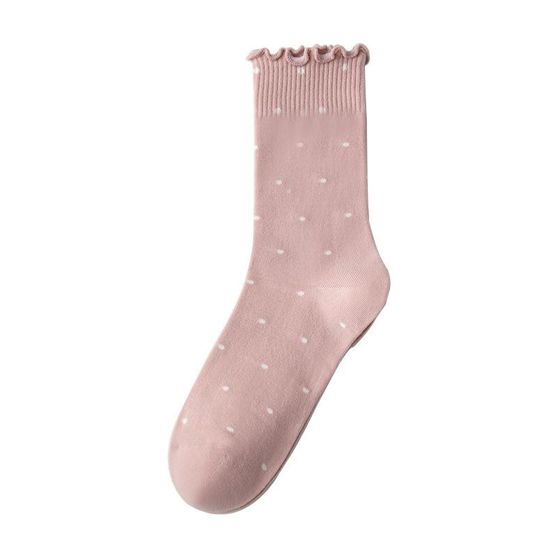 Female Spring and Autumn Style Wooden Ear Edge Polka Dots Cotton Sweet Long Tube Pile Socks