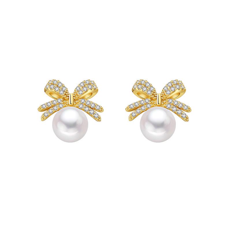 S925 Sterling Silver Bow Freshwater Pearl Stud Earrings for Women 925 Sterling Silver