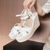 French Denim Wedge Sandals, Women'S Vacation Style, Straw Woven Thick-Soled 2025 Summer New Cross-Strap Roman Shoes