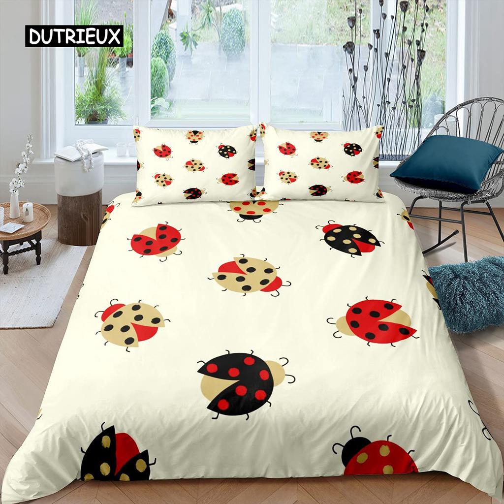 Marienkäfer-Bettbezug-Set, 3D-Marienkäfer-Druck, Bettwäsche-Set für Kinder, Jungen und Mädchen, fliegende Entomologie, 2/3-teilig, weicher Bettbezug in Kingsize