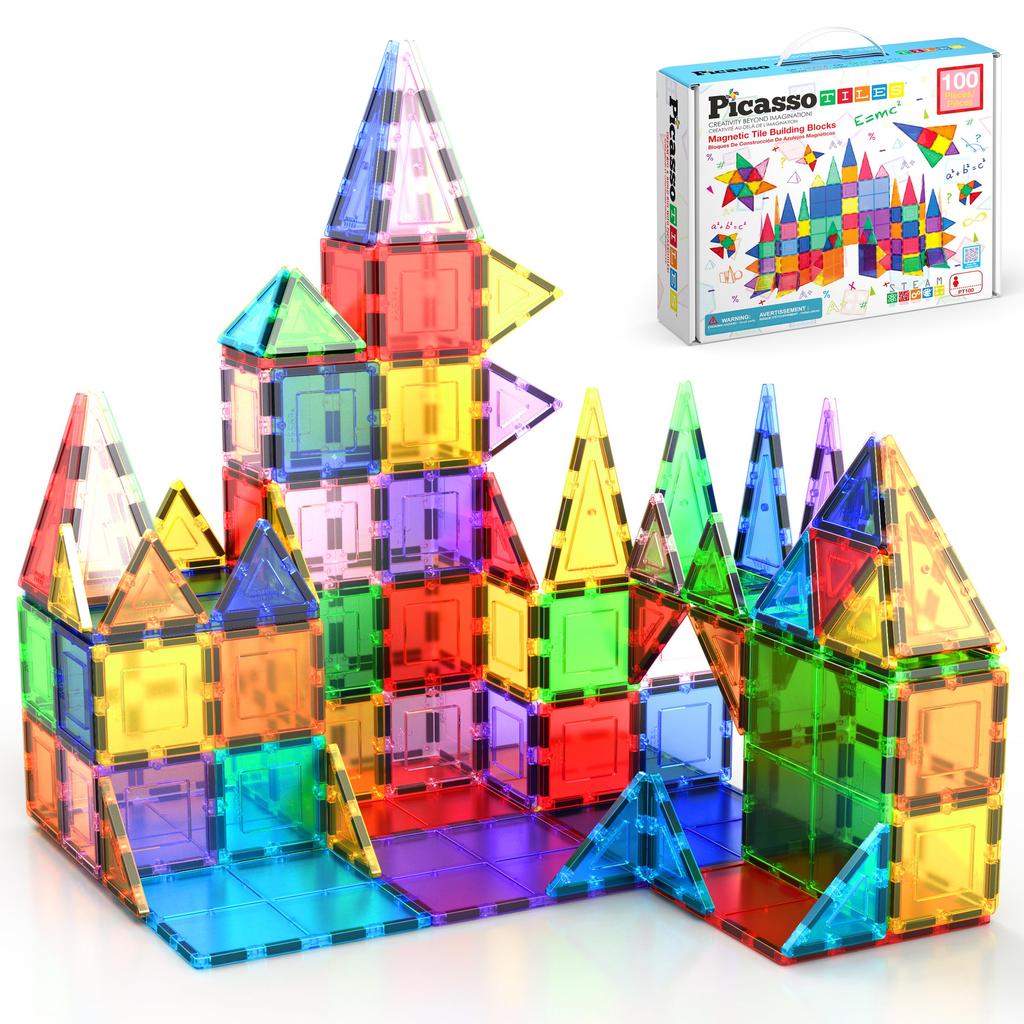 PicassoTiles 100 Piece Set 100pcs Magnet Building Tiles Clear Magnetic 3D Blocks Construction Playboards, Creativity Beyond Imagination, Inspirational