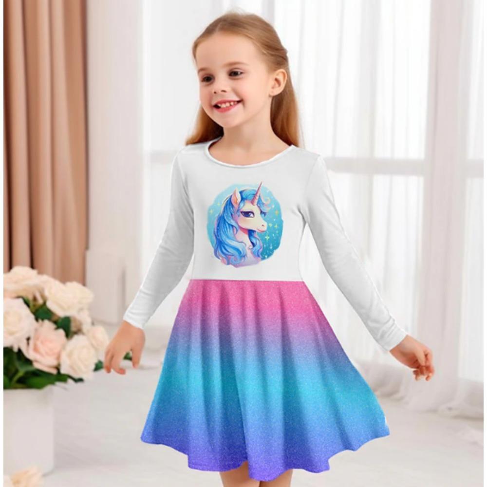Vestido Casual de Niña con Estampado de Unicornio 3D, Cuello Redondo y Manga Larga, Vestido de Princesa para Niña