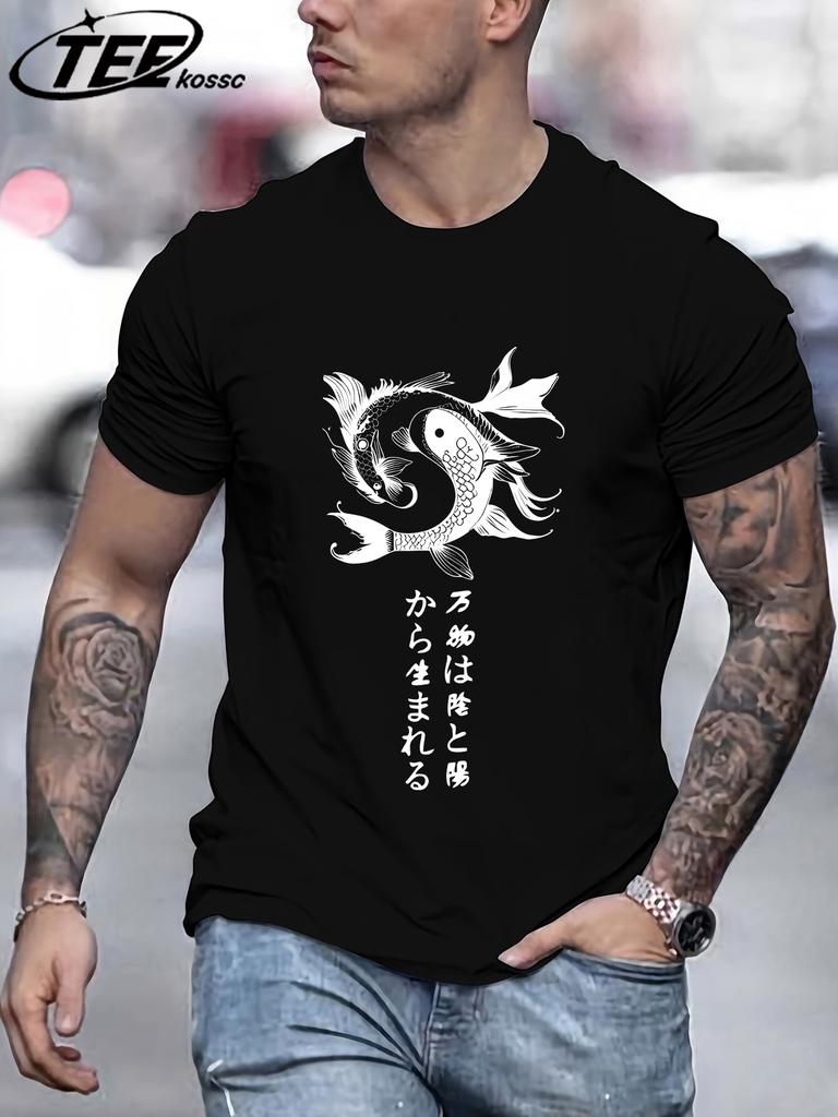Japanese Harajuku Koi Art Letter Man T Shirt Hip Hop AllMatch Top Casual Cotton Short Sleeve Crewneck Unisex Oversize TShirt