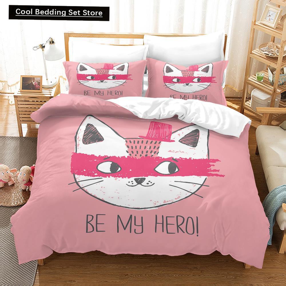 Cartoon Cat King Full Queen Duvet Cover Lovely Pet Kitty Bedding Set Animal Quilt Cover 2/3pcs Purple Polyester Comforter Cover