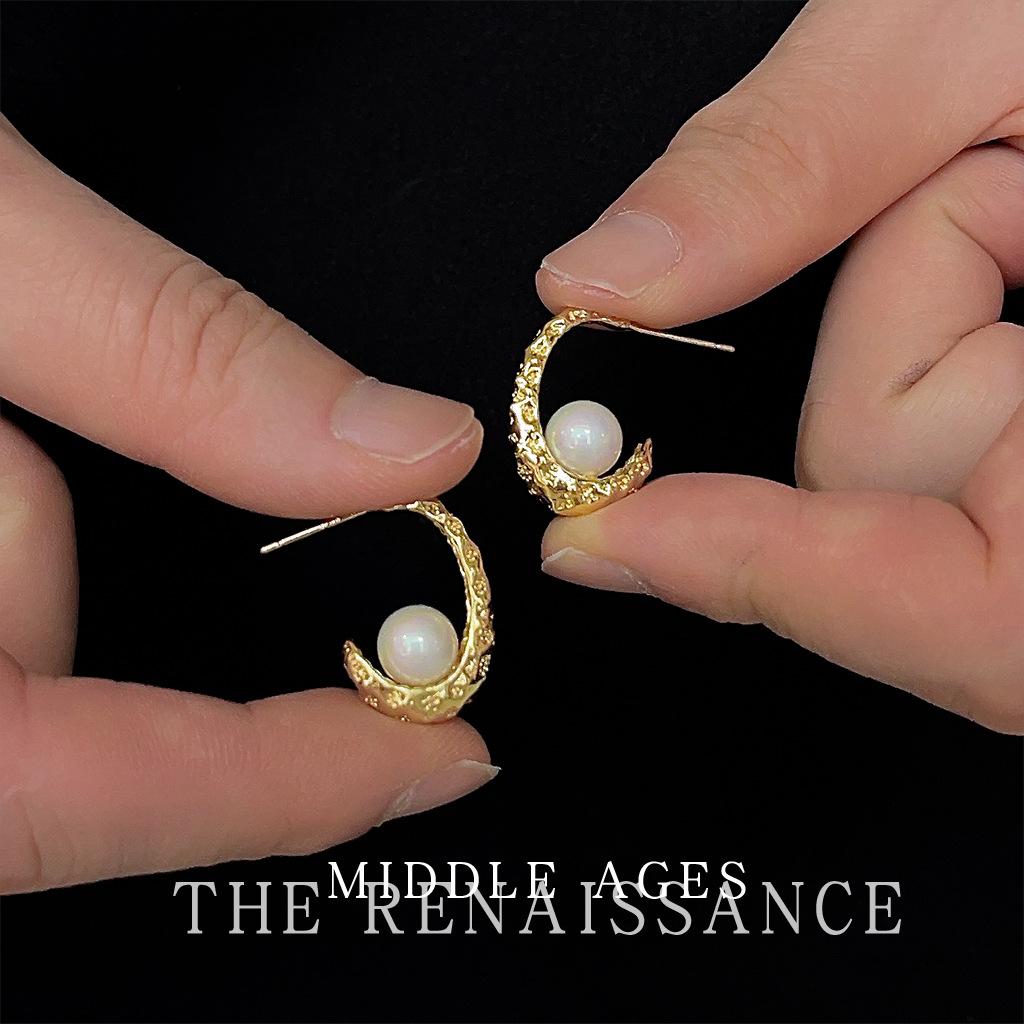 Средневековые французские серьги-кольца в форме буквы С в стиле ретро с жемчугом, металл, кованые