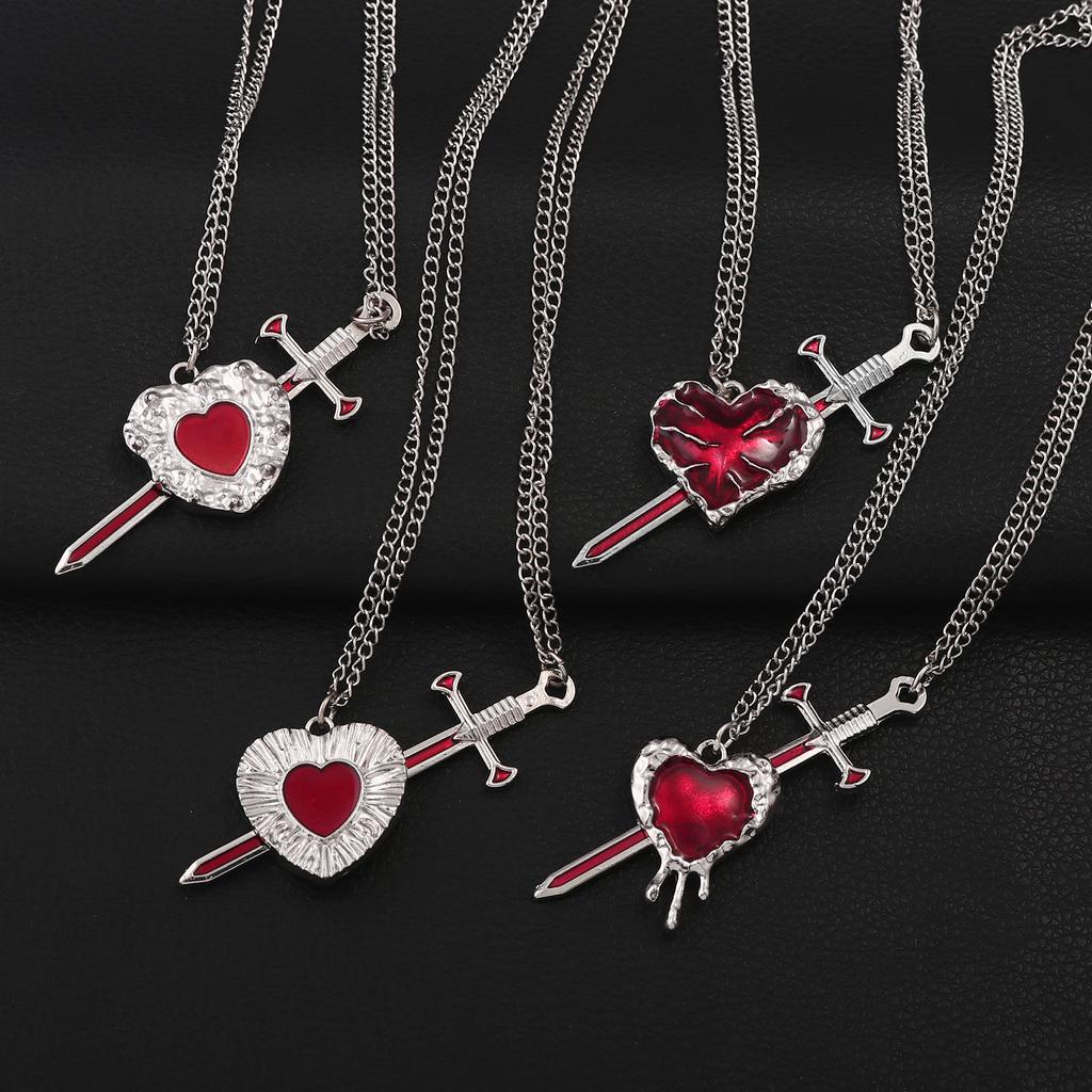 New 2PCS/set Sword Heart Couple Necklace Gothic Love Heart-shaped Pendant Women Year's Christmas Valentine's Day Gift Jewelry