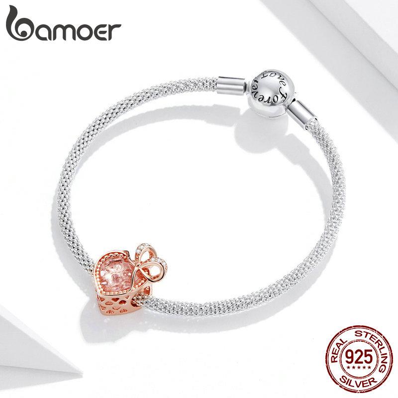BAMOER 925 Sterling Silver Roséguld Hjärtformad Zirkonpärla, Kvinnor Romantisk rosett Gift of Love Charm Hänge som passar Original 3 mm armband DIY smycken
