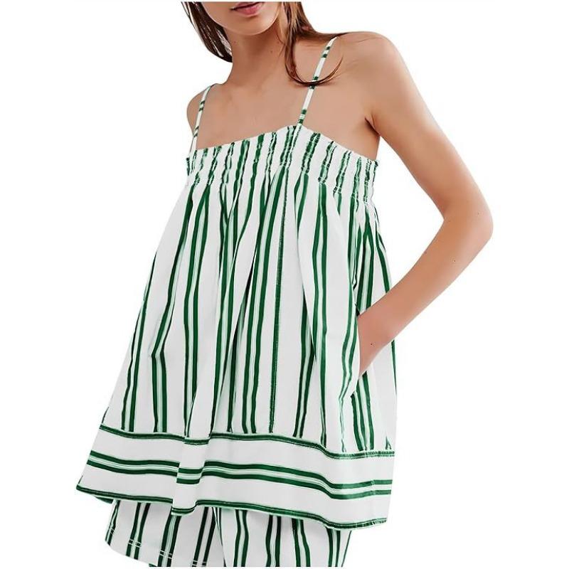 VEZFAA Women's Fashion Casual Summer Spring Stripe Print Sleeveless Suspenders Trousers Pants Suits