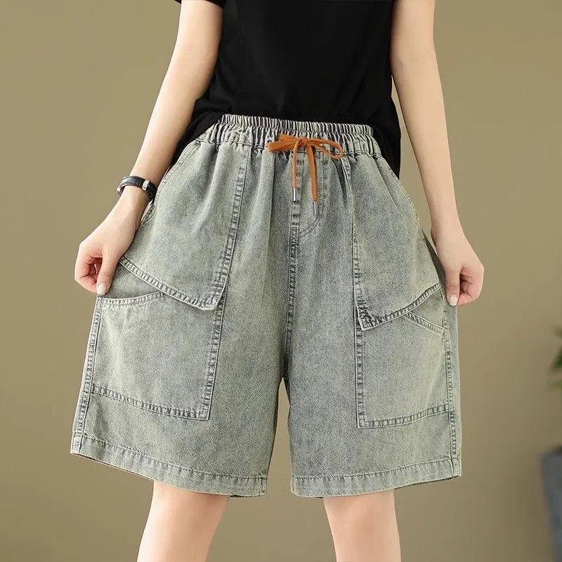 Women s Washed Denim Cargo Shorts Elastic Waist Drawstring Loose Fit Casual Daily Summer Shorts XS синий