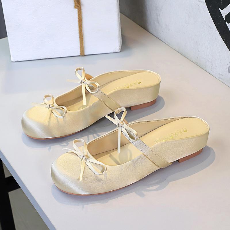 

French Satin Bow With One Strap With Shallow Mouth Half-Tugging Women s Hollow Inner Heightened Round-Head Sandals Comfortable 35