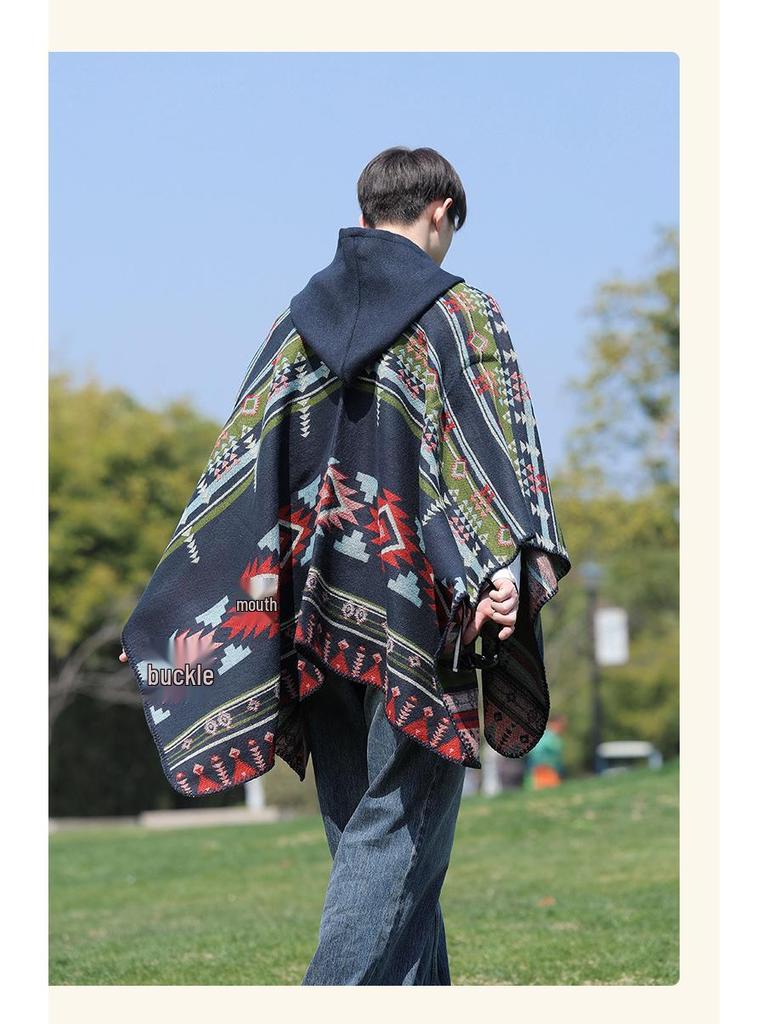 Ethnic Hooded Cape Shawl - Unisex Warm Travel Outerwear Cloak