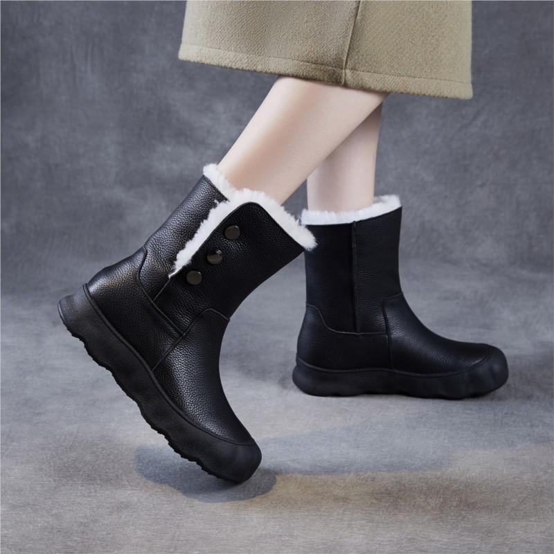 Johnature Genuine Leather Snow Boots Women's Shoes Plush Warm Versatile Soft Soled Mid-calf Boots