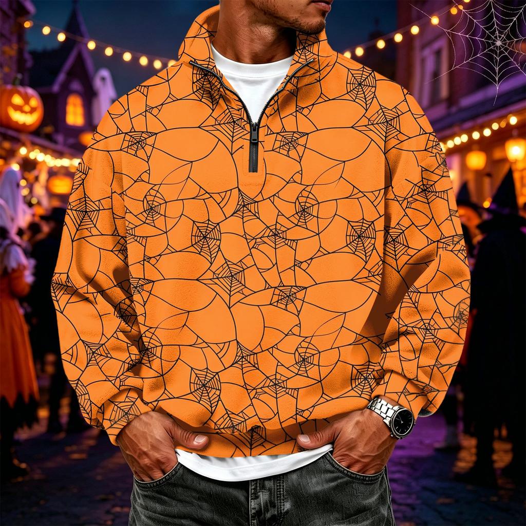 Men's Flannel Quarter-Zip Long Sleeve Pullover Hoodie with Halloween Print