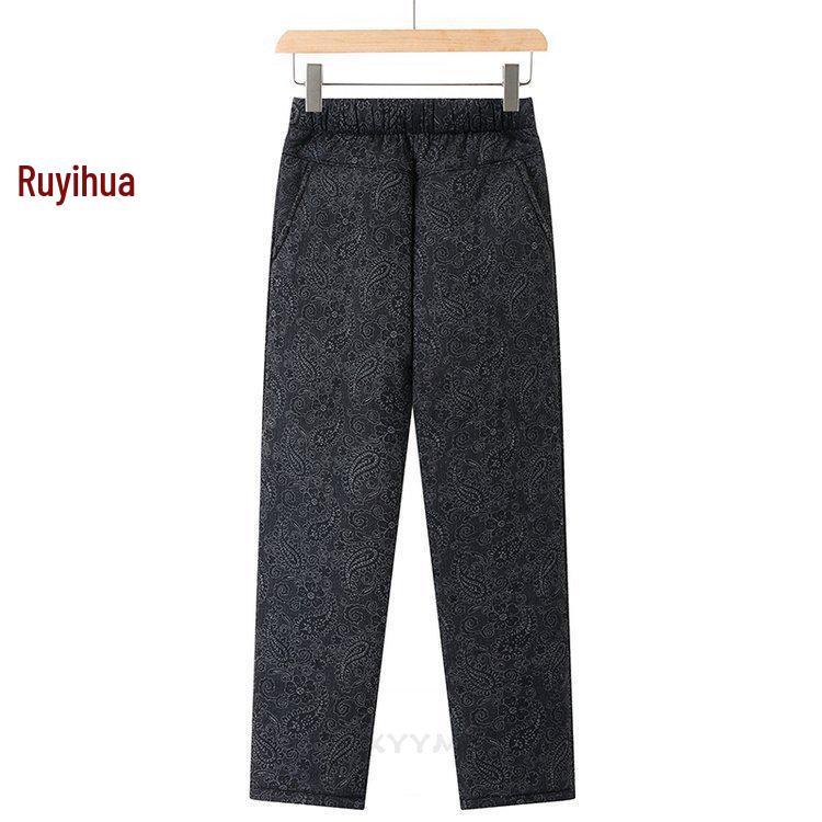 Women's Plus Size Warm Cotton Pants - Elastic Waist, Comfortable, Loose, Printed, Winter, Middle-Aged & Elderly 