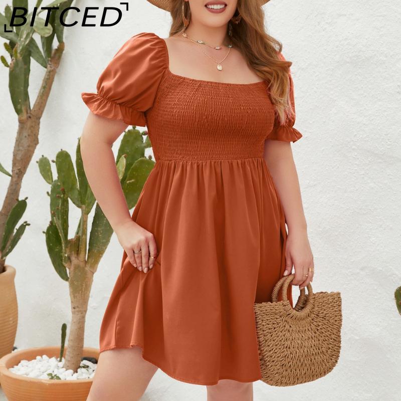 BITCED Plus Size Solid Color Casual Resort Dress Travel Square Neckline Ruffled Puff Sleeve Dress