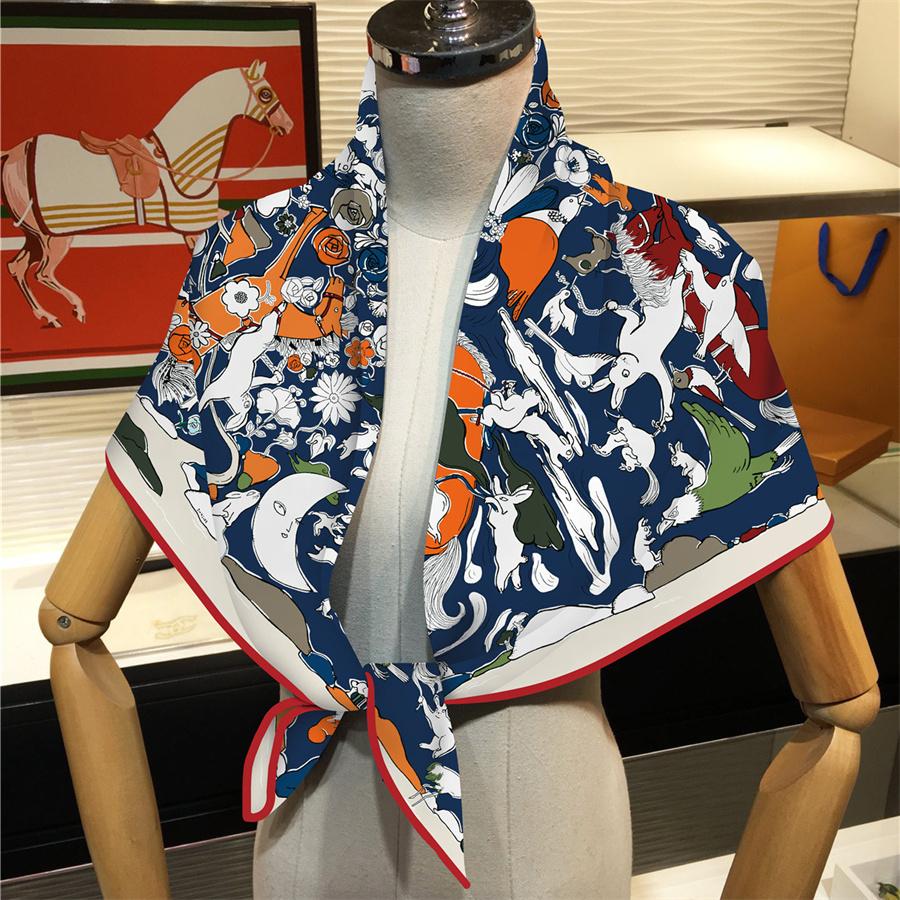90Cm Rabbits Printed Twill Silk Scarf Shawl  Square Scarves Wraps Women Hijabs Luxury Bandana Foulards Head Neckerchief