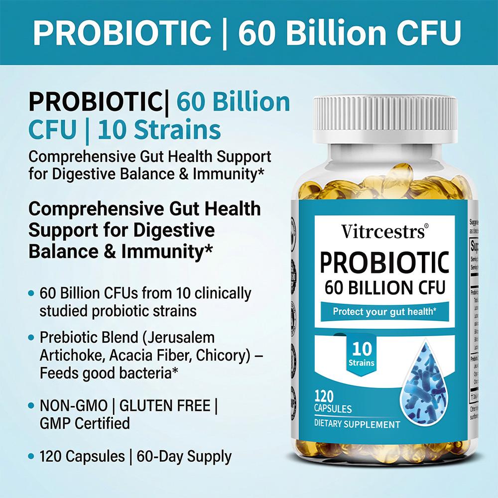 Probiotic 60 Billion Cfu Dietary Supplement, With Prebiotic Blend, 120 Softgels Per Bottle