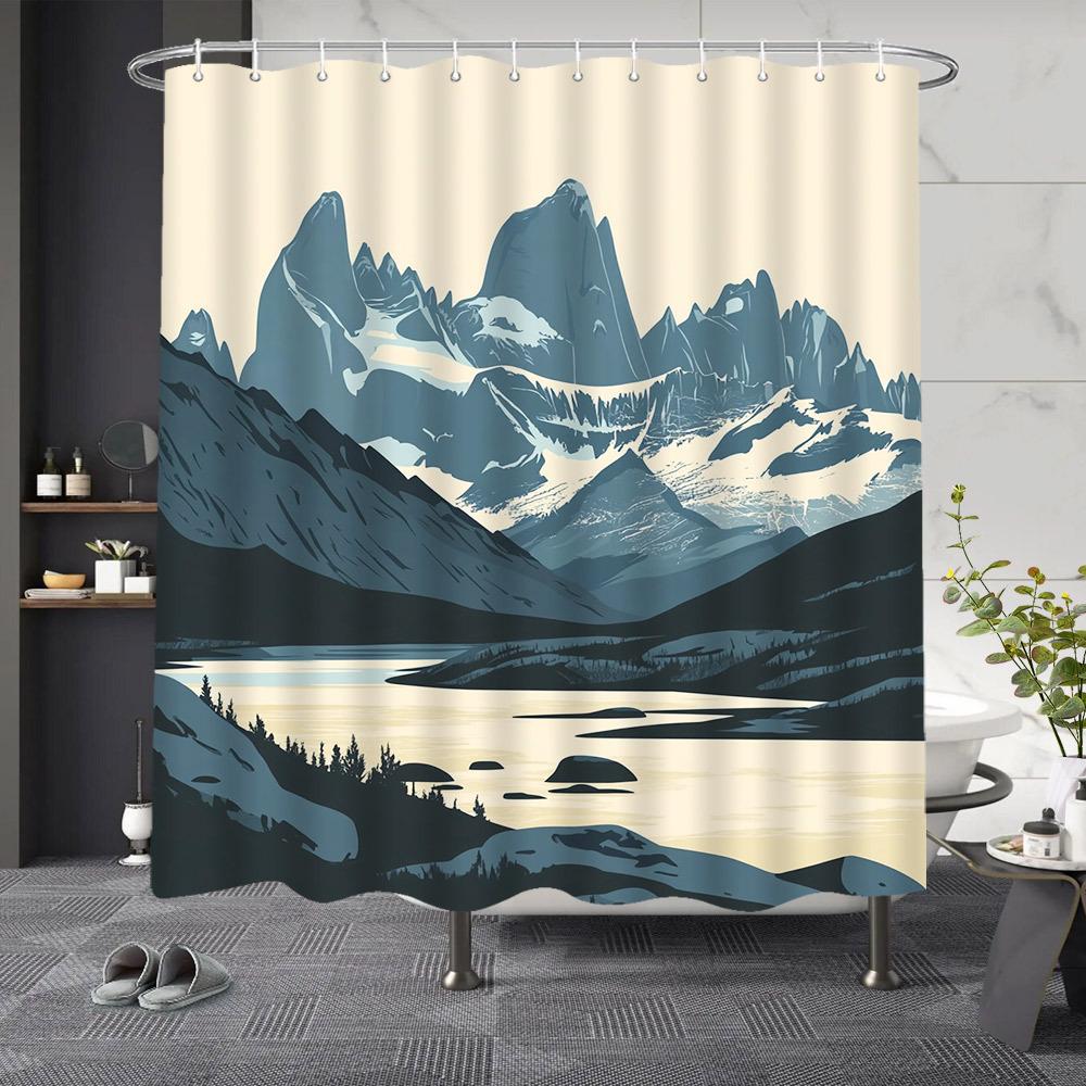 

Minimalist Mountain Tranquility Shower Curtain, Snow-Capped Peaks & Lake Design, Polyester, Serene Bath Decor W60H190(CM)-1 Pcs